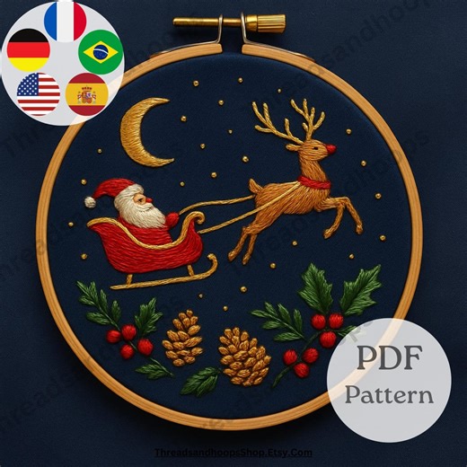 Santa and Reindeer Embroidery Pattern – Christmas Hoop Art (PDF) - Etsy