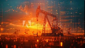 Rise in gasoline prices concept with double exposure of digital screen with financial chart graphs and oil pumps on a field.generative ai