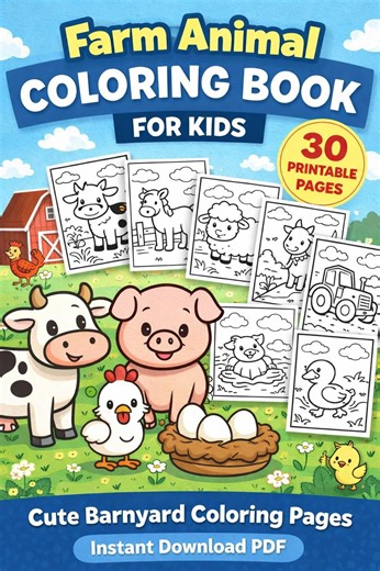 Farm Animal Coloring Book for Kids | 30 Printable Barnyard Pages (PDF Download) - Etsy
