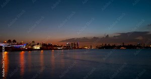 Miami panorama time lapse. Night sky timelapse on Miami beach city. Time lapse of sunset on cityscape sky and clouds moving with water ripple reflection.