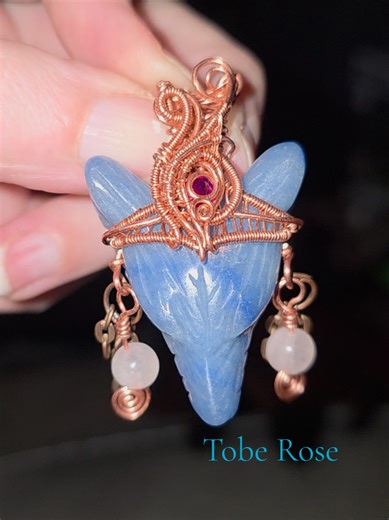 Blue Aventurine Wolf Rose Quartz Cubic Zirconia Copper Pendant 🐺❤️ #wolf #pendant #wirewrapping