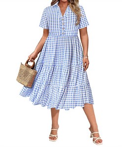 CASSIE LIZ Plus Size Fall Dresses 4X Casual Plaid Blue Dresses for Women Fashion Midi Sundresses Short Sleeve Collared Elegant V Neck Dresses Loose Fit Summer Dress with Pocket 4XL 24W 26W - Walmart.com