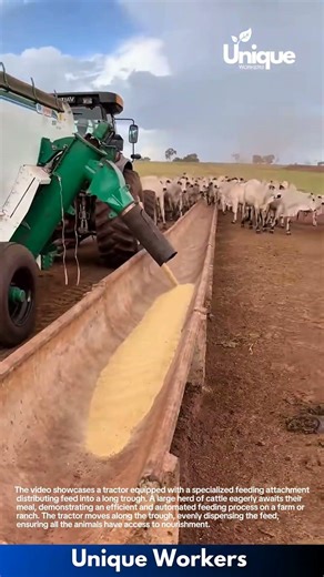 Automated Cattle Feeding: Tractor Distributes Feed to Eager Herd