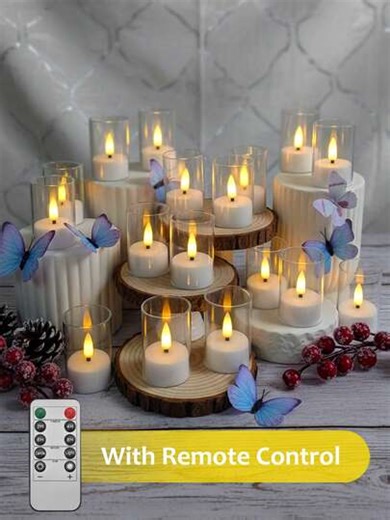 6/12/24-Piece Flickering Flameless Candle Light Set, Candles With Remote Control/Timer, Battery-Powered Candles, LED Wishing Candles. Ideal For Table Center Decoration, Christmas, Halloween, Valentine's Day, Mother's Day, Dining Table Decorations, Room Decorations, Weddings, Parties, And As A Great Gift Choice. Festive Decorative Lights. | SHEIN