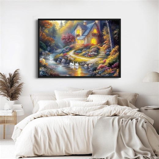 Thomas Kinkade Style Cottage Landscape Wall Art, Glowing Country House Canvas Painting, Mountain Hut, Cozy Cottagecore Decor - Etsy