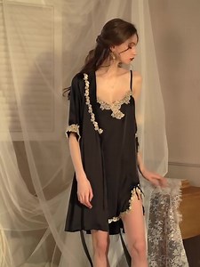 Women Satin Patchwork Floral Mesh slip Dress Night Gown and Belt Robe Sexy Sleepwear Set GR3381