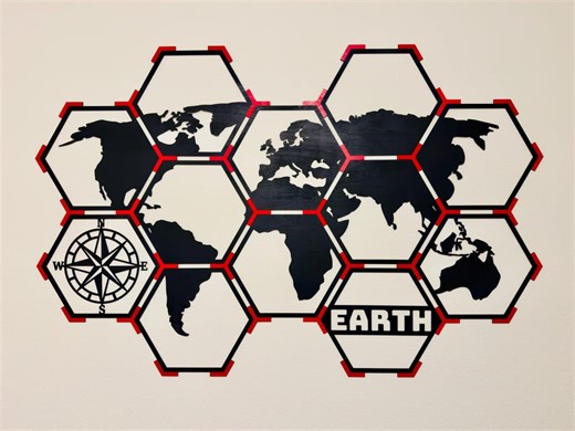 Hexagonal Earth World Map Wall Art – Laser-cut Wooden Decor With Compass & Bold Red Accents - Etsy