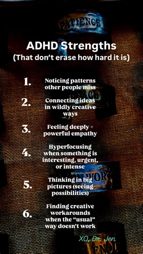 ADHD strengths (that don’t erase how hard it is). ADHD can look like: ⚡ missed deadlines and lost keys ⚡ emotional whiplash and shame ⚡ a nervous system that hits overwhelm fast And also look like: 🧠 noticing patterns other people miss 🧠 connecting ideas in wildly creative ways 🧠 feeling deeply, which fuels powerful empathy 🧠 hyperfocusing when something is interesting, urgent, or intense 🧠 thinking in big pictures and seeing possibilities 🧠 finding creative workarounds when the “usual” wa