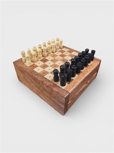Mini Wooden Chess With Storage, Portable Travel Game, Rustic Folding Chess Set - Etsy