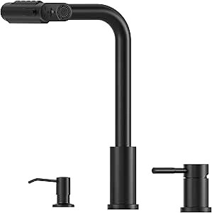 Waterfall 3 Hole Matte Black Kitchen Sink Faucet with Separate Handle and Soap Dispenser, AJOBEND Stainless Steel 3-Mode Pull Down Faucets for Kitchen/Bar/RV Sink, Single Handle 360° Swivel