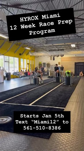 Training for HYROX Miami? Our proven results 12 week race prep program begins Monday January 5th!!! Three specifically programmed workouts per week focusing building up your endurance and workload in preparation for the HYROX Miami Race. The program is available in gym or remote if you have your own training facility. Text “Miami12” to 561-510-8386 to get started!!! | HEW Fitness Delray Beach