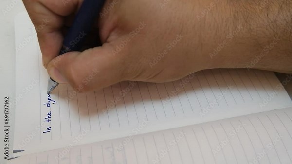 Close-up of a man writing in a notebook. A man writing in a notebook in front of him. Writing and work. Reference letter and motivation. Horizontal video.