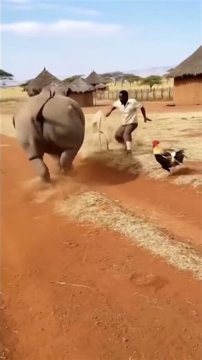 Rhino Charges a Man… Until a Rooster Attacks!