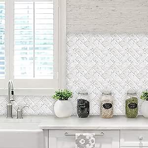 Peel and Stick Backsplash for Kitchen, Herringbone Self-Adhesive Wall Tile Stick on Backsplash Tiles, Bathroom (12" x 11.5",10-Sheet)