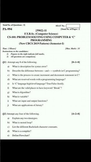 FY. BCS||Problem solving using computer & C programming||PYQ||sppu#computer science