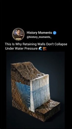 History Moments on Instagram: "A few inches of trapped water can generate more force than tons of soil, and that’s what actually destroys retaining walls. ⚠️🧠 This visualization shows the real enemy behind wall failures. Hydrostatic pressure. When rainwater accumulates behind a wall with nowhere to escape, pressure rises exponentially, forcing cracks, rotation, or total blowout. Modern retaining walls survive by engineering an escape route for water. Gravel backfill creates voids, perforated dr