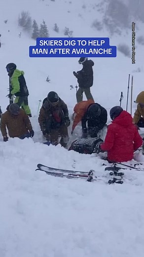 Skiers and emergency personnel dig up snow to help free a man after an avalanche in Tahoe. Jason Glickman who filmed the video and posted it on his Instagram said in the comments of his post that the guy ‘survived and appeared uninjured.’
