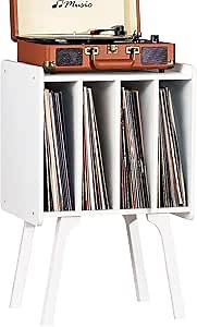 LELELINKY Record Player Stand,Vinyl Record Storage Table with 4 Cabinet Up to 100 Albums,Mid-Century Modern Turntable Stand with Wood Legs,White Vinyl Holder Display Shelf for Bedroom Living Room