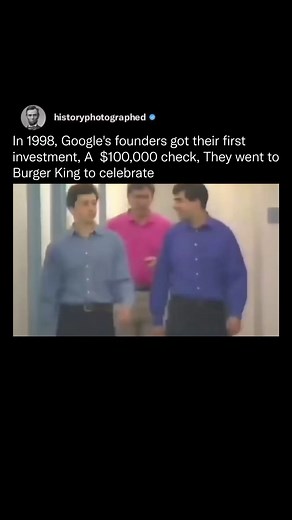 395K views · 3.7K reactions | In 1998, Google's founders, Larry Page and Sergey Brin, celebrated their first major milestone when Andy Bechtolsheim, co-founder of Sun Microsystems, invested $100,000 into their search engine project.After securing the investment, they went to Burger King to celebrate. | History In Pictures | Facebook