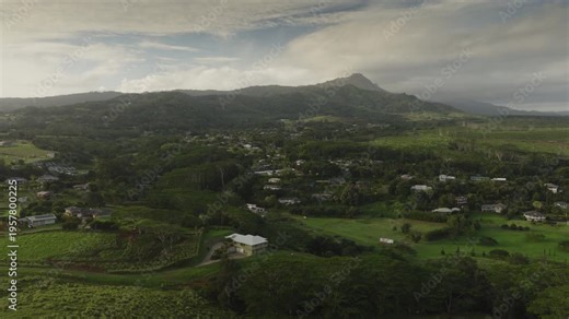 An aerial flyover homes and rural country side near Koloa, Kauai, HI