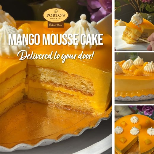 Surprise someone with something special! Porto’s NEW Mango Mousse Cake is here. A tropical blend of mango mousse, mango passion jelly, and whipped cream—perfect for any celebration. Only here for a limited time! | Porto's Bakery