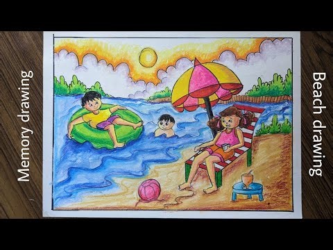 Memory drawing on beach | Summer holiday drawing | Beach scenary - Gyaneshwari