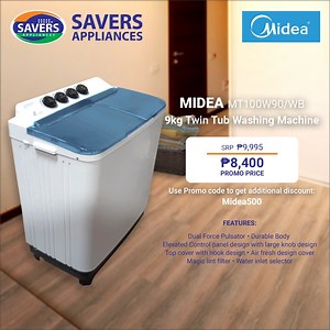 10K views · 67 reactions | The weather may be gloomy, but your laundry will stay fresh and clean-smelling with Midea MT100W90/WB 9kg Twin Tub Washing Machine. Get intense but gentle washing with Dual Force Pulsator, lint-free and cleaner clothes with Magic Lint Filter, and a Water Inlet Selector. Avail one at a discounted price of P8,400.00 and use promo code Midea500 to get an additional discount at #SaversAppliances. | Savers Appliances | Facebook
