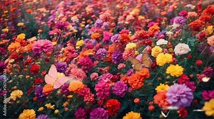 Immerse yourself in the essence of spring with this enchanting 4K resolution loop background, showcasing a vibrant array of colorful flowers and lively butterflies in seamless motion.