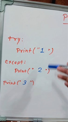code with patel on Instagram: "🧠 python quiz Day-45 – can you predict the output? ✅ Correct Answer: B — 1 3 👉 Explanation (simple): try block runs first → prints 1 no error occurs, so except is skipped execution continues → prints 3 📌 output: 1 3 follow for daily python logic & interview questions 🚀 @_code_with_patel_jsk #python #pythonquiz #tryexcept #pythoninterview #codingreels #learnpython #programminglogic #codingtips #developerlife #softwareengineer #csstudents #itstudents #techreels #