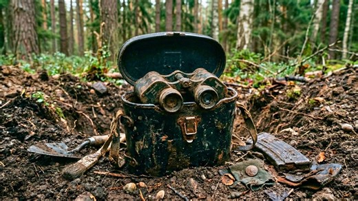 Watch a sealed WW2 box open to reveal binoculars ammunition and a battlefield frozen in time