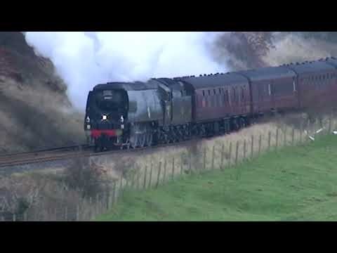 Battle of Britain class 34067 Tangmere heads to Carnforth Steamtown from York via Hellifield