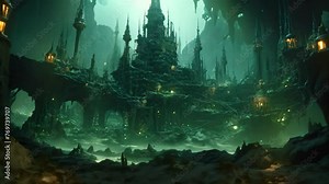 Fantasy landscape with ancient temple in the dark. 3d rendering, An underwater city where marine creatures and humans coexist, AI Generated