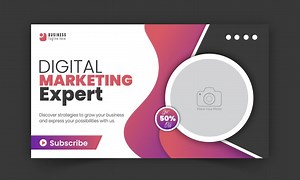 Download Corporate creative video thumbnail and social media cover design, digital marketing agency live video streaming for business promotion on abstract pink colorful shapes and white background for free