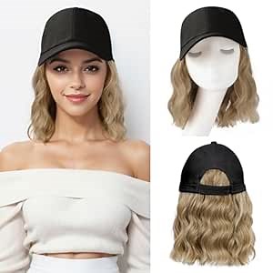 FORCUTEU Hat Wigs for Women Baseball Cap with Hair Extensions Short Wave Synthetic baseball Cap Wig for Women Adjustable Hat with Hair Attached for Daily Use(14inch)