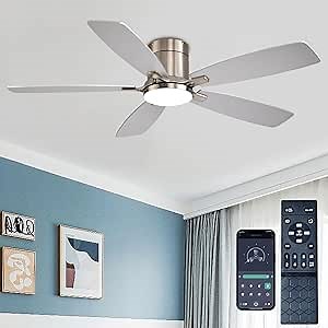 52 Inch Low Profile Ceiling Fans with Lights and Remote, Flush Mount Modern Ceiling Fan, 3CCT Dimmable DC Ceiling Fan for Bedroom, Living Room, Brushed Nickel