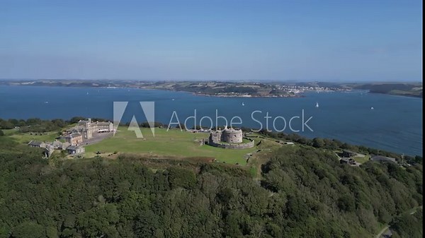 Falmouth, Cornwall, England: DRONE VIEWS: The mouth of the River Fal looking out to sea showing Carrick Roads and Black Rock. Falmouth is a port town and popular UK holiday destination (2).