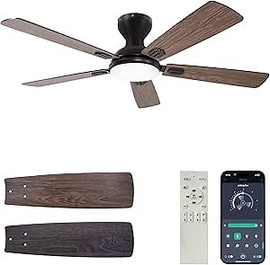Flyfox 52 inch Ceiling Fan with Lights and Remote/APP Control - Flush Mount Reversible DC Motor, Dimmable LED, Dual Surface Blades, 6-Speeds Noiseless Fans for Living Room, Bedroom, Dinning Room