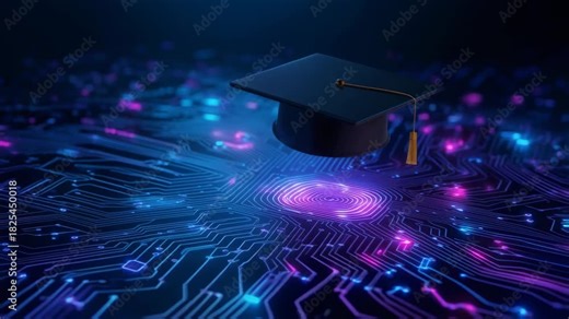 Graduation cap hovering over a digital circuit board background for education and technology themes