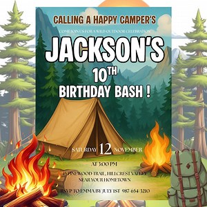 Camping Birthday Invitation, Adventure Forest Theme, Backyard Camping Invite, Campfire Party, Instant Download, Editable Canva - Etsy