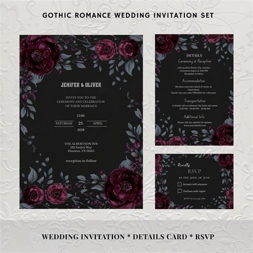 Gothic Romance Wedding Invitation Set,dark Purple Peonies Editable Invite,rsvp,enclosure Card, Digital Download - Etsy