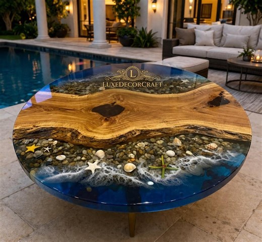 Ocean River Epoxy Resin Coffee Table, Beach Style Wood Tabletop With Shells - Etsy