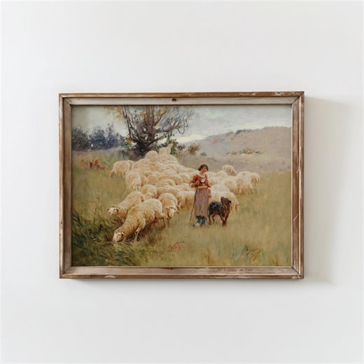 Vintage Shepherdess Painting Rustic Farmhouse Wall Art PRINTED Antique Sheep Print Countryside Landscape Decor Muted Pastoral Scene VPI-210 - Etsy