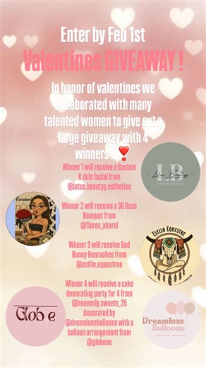 Heavenly sweets by Yisel on Instagram: "❣️Valentine Giveaway❣️ In honor of valentines we collaborated with many talented women to give out a large giveaway with 4 winners ! ❣️ Winner 1 will receive a Custom K skin facial from @lotus.beautyy.esthetics Winner 2 will receive a 36 Rose Bouquet from @flores_xkarol Winner 3 will receive Bad Bunny Huaraches from @estilo.equestree Winner 4 will receive a cake decorating party for 4 from @heavenly.sweets_25 decorated by @dreamluxeballoons with a balloon 