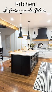 A look at the before and after of our Kitchen at one of our homes that we recently renovated. The kitchen wasn’t terrible before, but outdated enough that we knew we wanted to update the space. Updates included: -Knocking down the wall between the kitchen and dining room to open up the space. -Wood beam added for extra character -Floors refinished -Refinished and updated the island and added a new sink -New quartz countertops -Removed cabinets and replaced them with floating shelves -New custom 