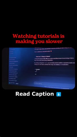 Code__vid | Programmer on Instagram: "Watching tutorials is making you slower ⬇️ Not because tutorials are bad — ❌ but because you’re using them wrong. ❌ You watch. You understand. You feel confident. Then you open your editor… and freeze. Because understanding someone else’s code is NOT the same as writing your own. Tutorials remove the struggle. Struggle is where real learning happens. Real progress looks like this: writing broken code reading error messages Googling specific problems fixing t