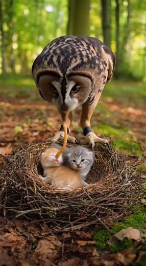 An Owl Brings Food to a Nest — But Her “Babies” Are Kittens!