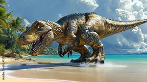 Tyrannosaurus Rex on Beach: A photorealistic Tyrannosaurus Rex emerges from the sea onto a tropical beach, embodying the raw power and prehistoric grandeur of the apex predator.