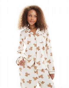 Loungeable super soft jersey revere top and wide leg pyjama set with piping detail in teddy print | ASOS