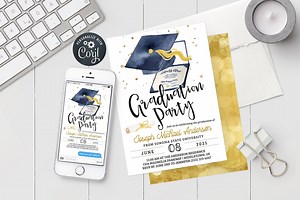 Graduation Party Invitation: Navy Gold Grad Cap, Digital Invite 5x7 4x6 Editable Template GR0622 - Etsy