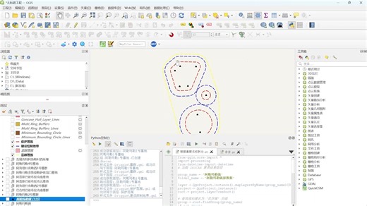 利用PyQGis处理乡镇古墓群，绘制保护范围，凹包、面转线，线偏移